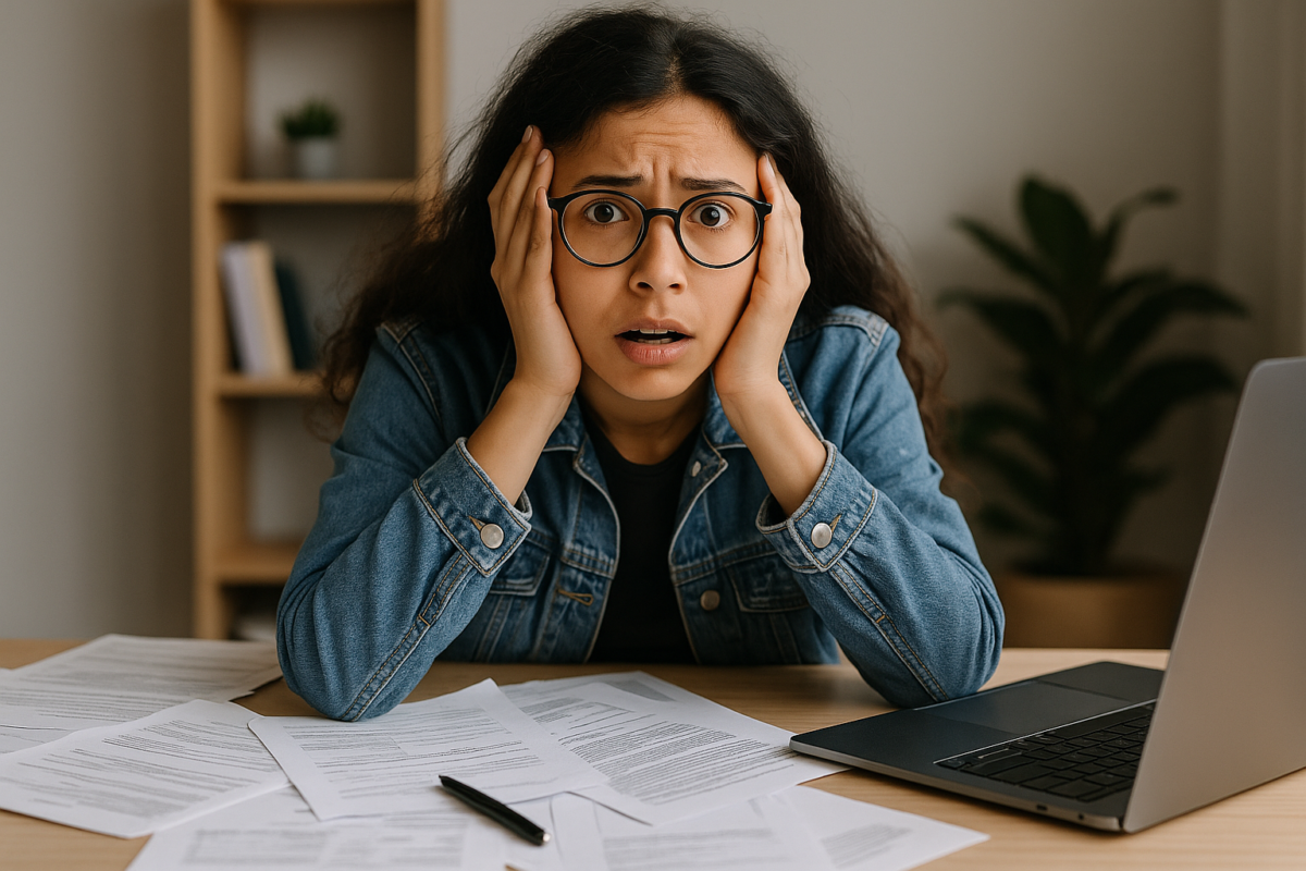 A young international student looking stressed while surrounded by documents and a laptop, trying to navigate French bureaucracy. She's starting her studies in france