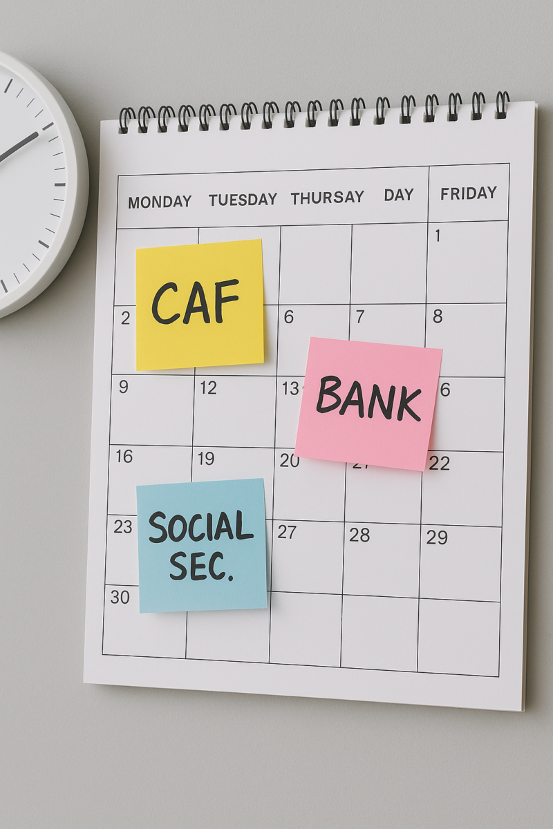 A wall calendar covered with colorful sticky notes labeled with French administrative tasks like CAF, bank account, and social security.